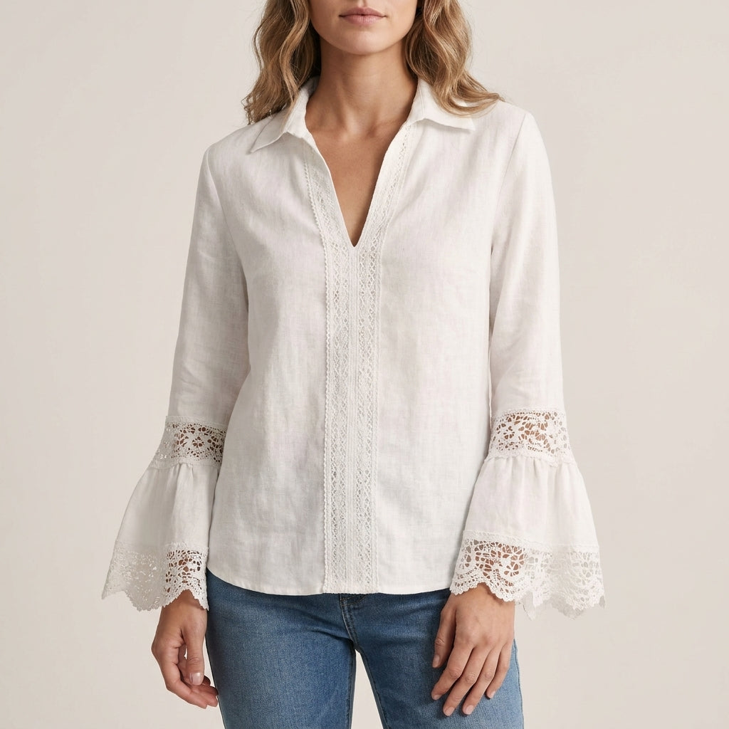Relaxed Fit Lace-Trim Pullover Shirt with Bell Sleeves and V-Neck