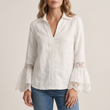 Relaxed Fit Lace-Trim Pullover Shirt with Bell Sleeves and V-Neck