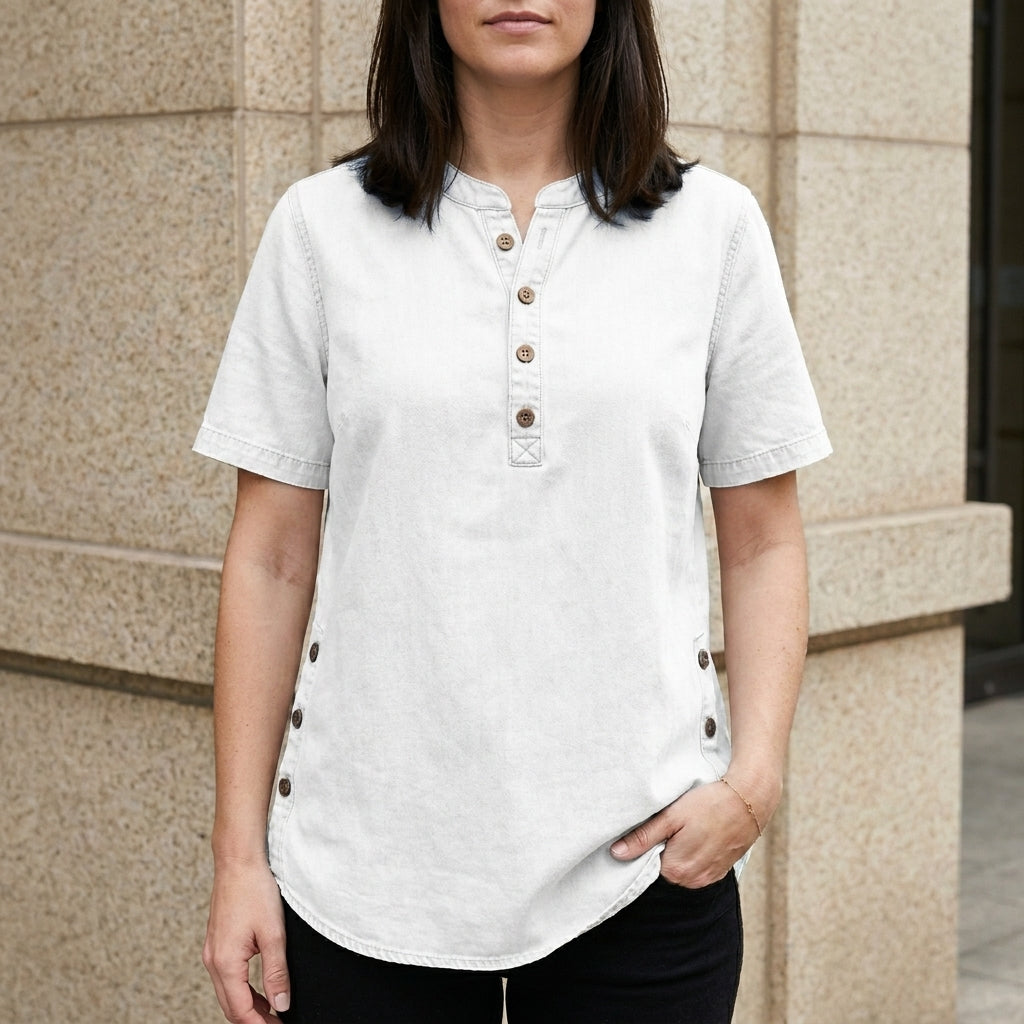 Relaxed Button-Front Denim Look Tunic Top