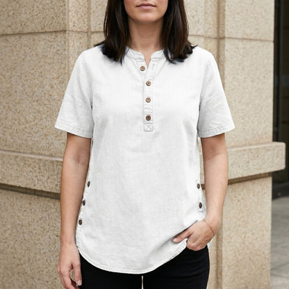 Relaxed Button-Front Denim Look Tunic Top