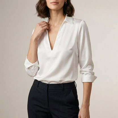 Tailored V-Neck Blouse with Spread Collar and Lustrous Finish