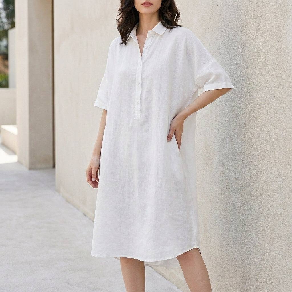 Relaxed Button-Front Midi Tunic Dress with Side Pockets