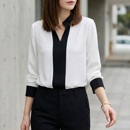 Tailored Color-Block Chiffon Blouse with Stand Collar and V-Neck