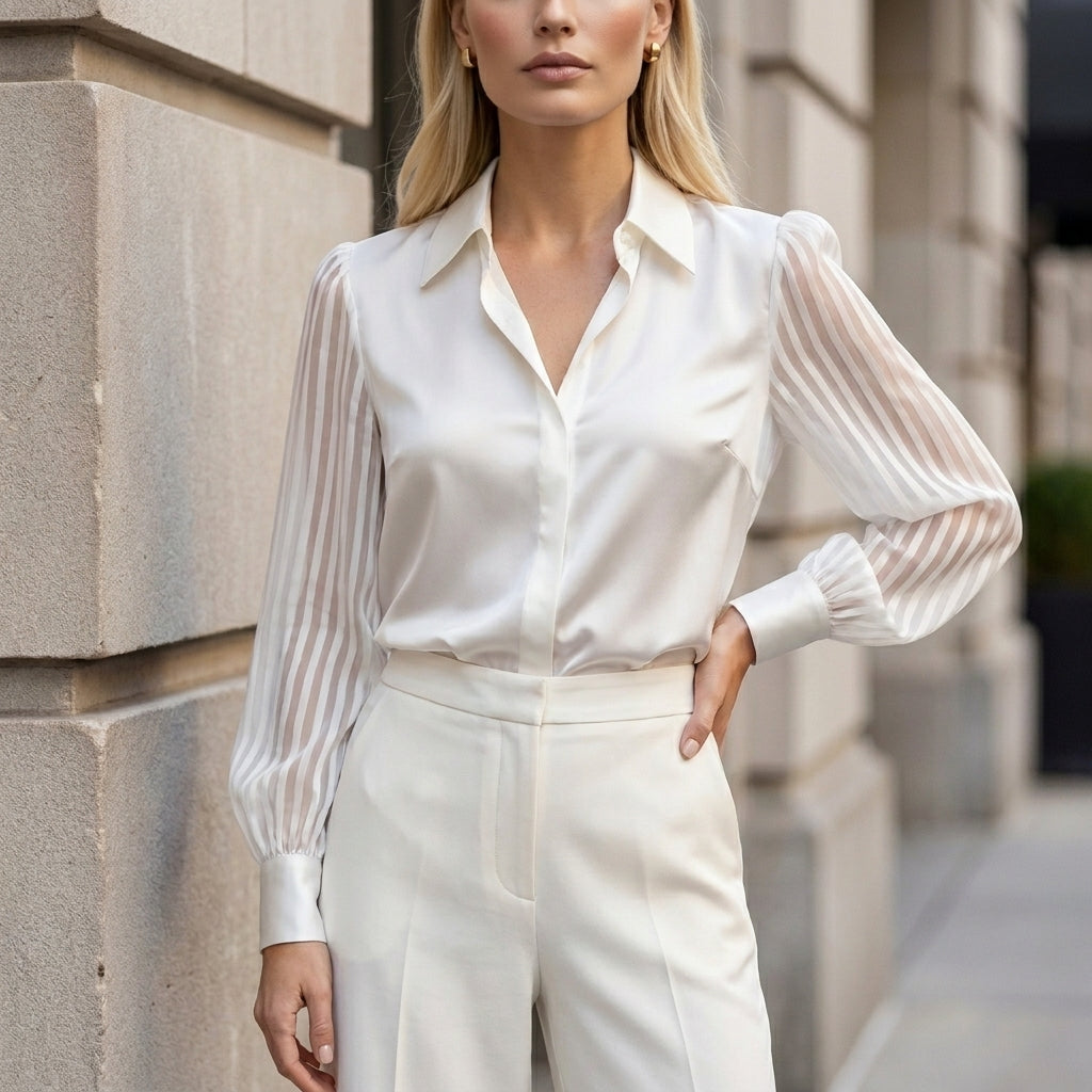Tailored Polo Collar Blouse with Sheer Striped Balloon Sleeves