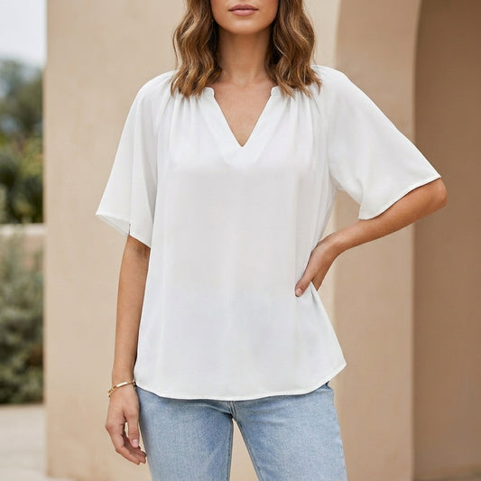 Relaxed V-Neck Blouse with Gathered Neckline and Flutter Sleeves