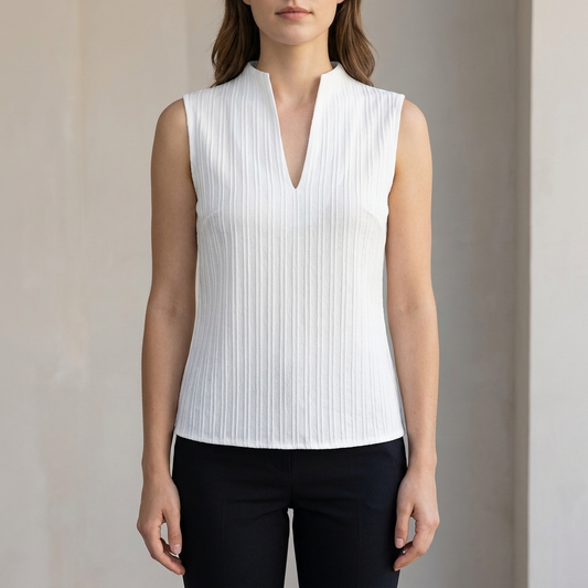 Slim-Fit Sleeveless Top with Textured Pleats and Split V-Neck Collar