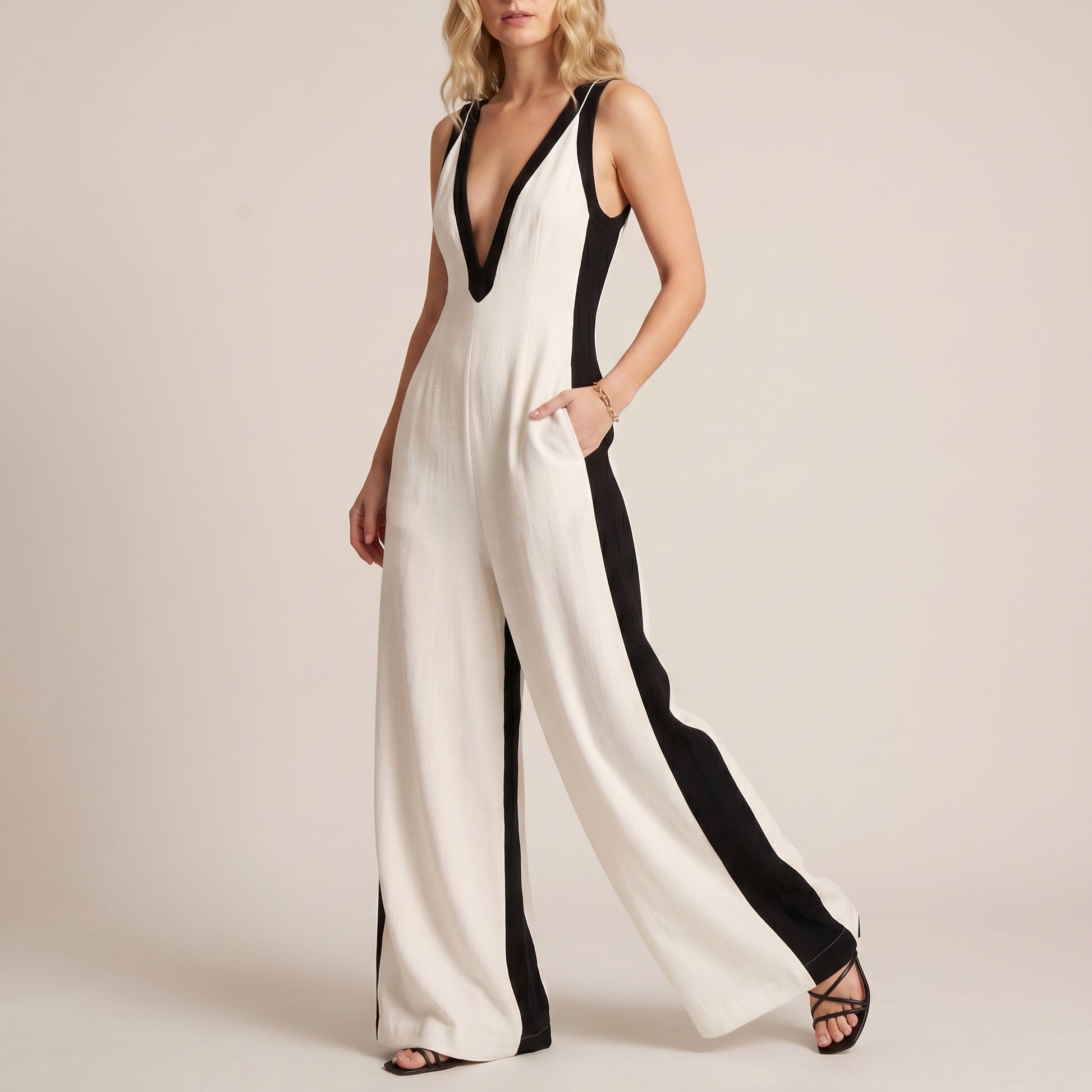 Textured Wide-Leg V-Neck Jumpsuit with Bold Contrasting Panels