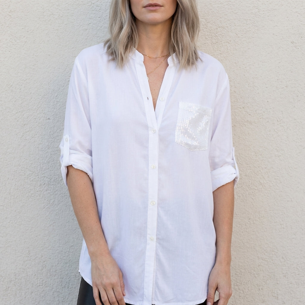 Relaxed Button-Front Statement Pocket Blouse