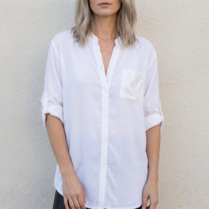 Relaxed Button-Front Statement Pocket Blouse