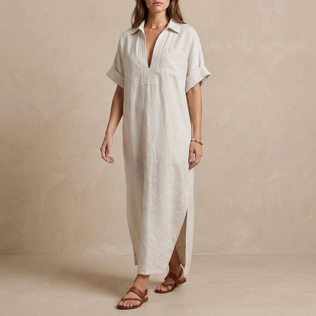 Minimalist Oversized Maxi Dress with Embroidered Placket and Shirt Collar