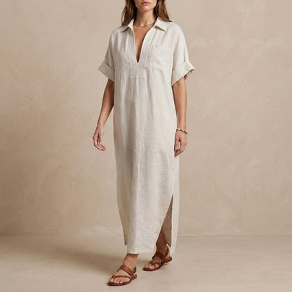 Minimalist Oversized Maxi Dress with Embroidered Placket and Shirt Collar