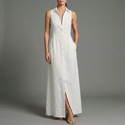 Sleeveless Button Front Maxi Dress with Elegant Tailored Resort Silhouette