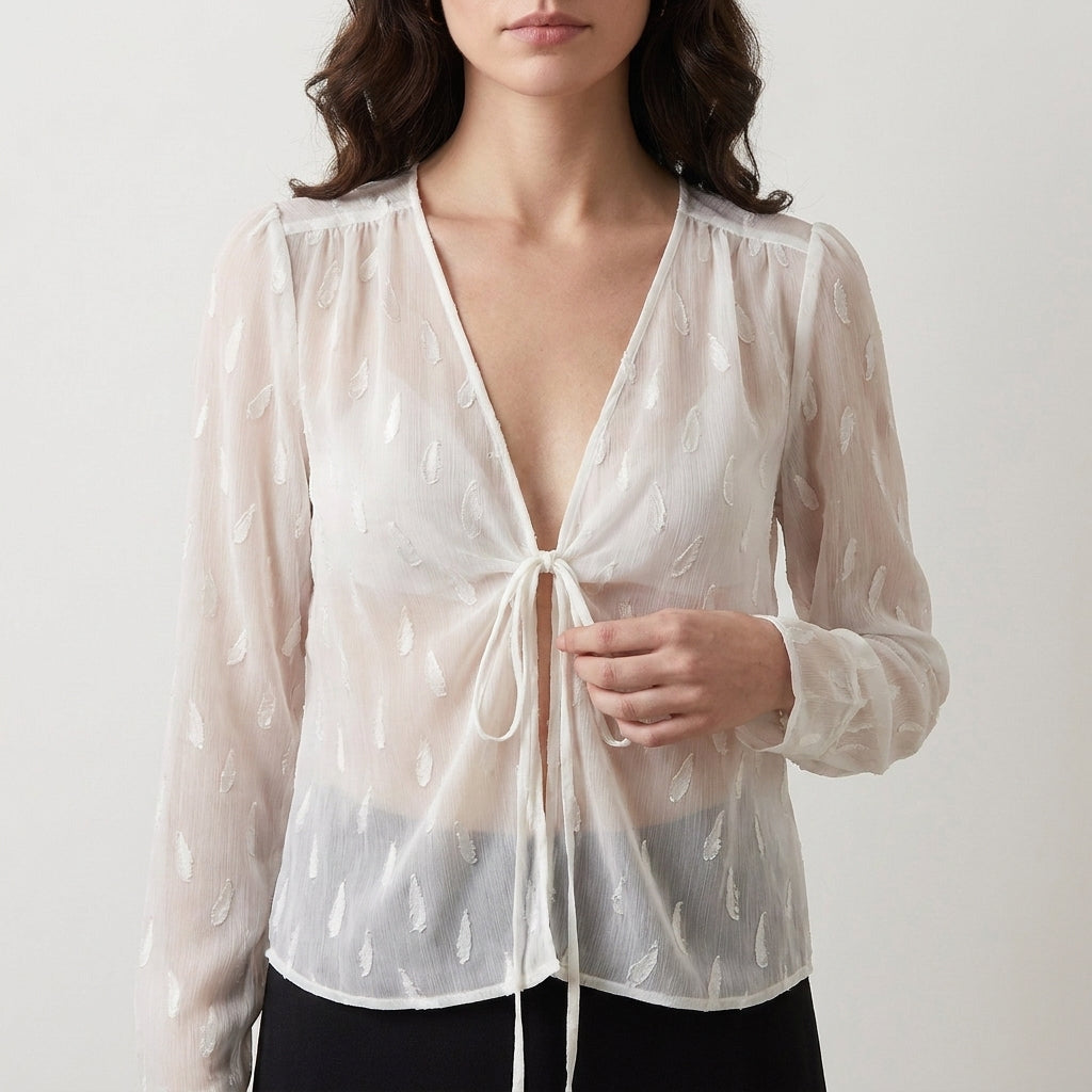 Tie Front Long Sleeve Sheer Blouse