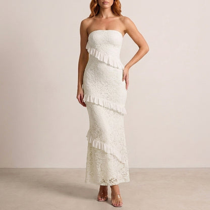 Romantic Lace Ruffle Strapless Maxi Dress