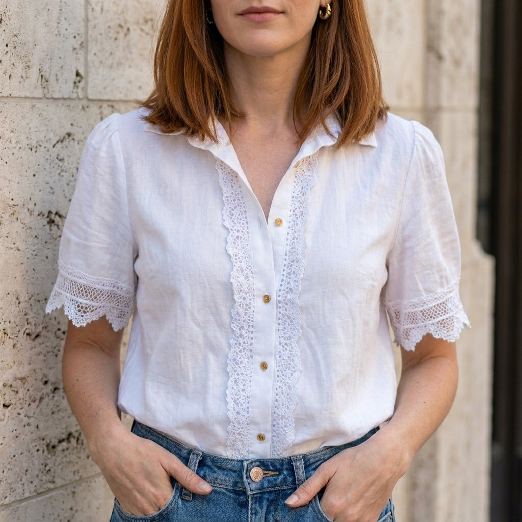 Lace Trim Button-Front Romantic Blouse
