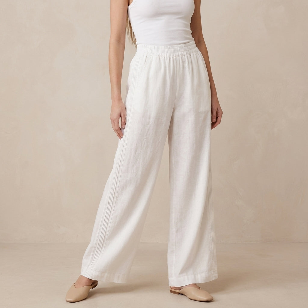 High-Rise Wide-Leg Casual Pants with Textured Vertical Detailing