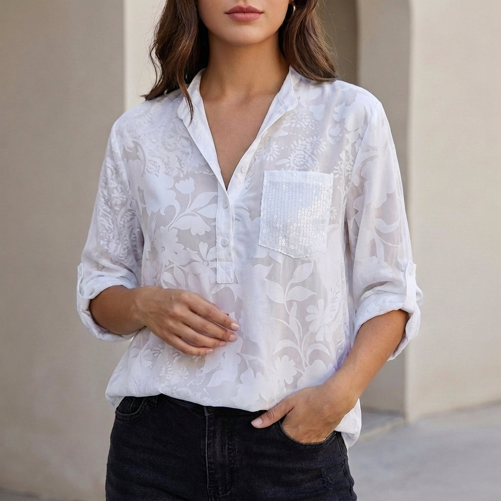 Relaxed Floral Burnout Blouse with Adjustable Roll-Tab Sleeves