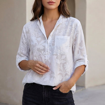 Relaxed Floral Burnout Blouse with Adjustable Roll-Tab Sleeves