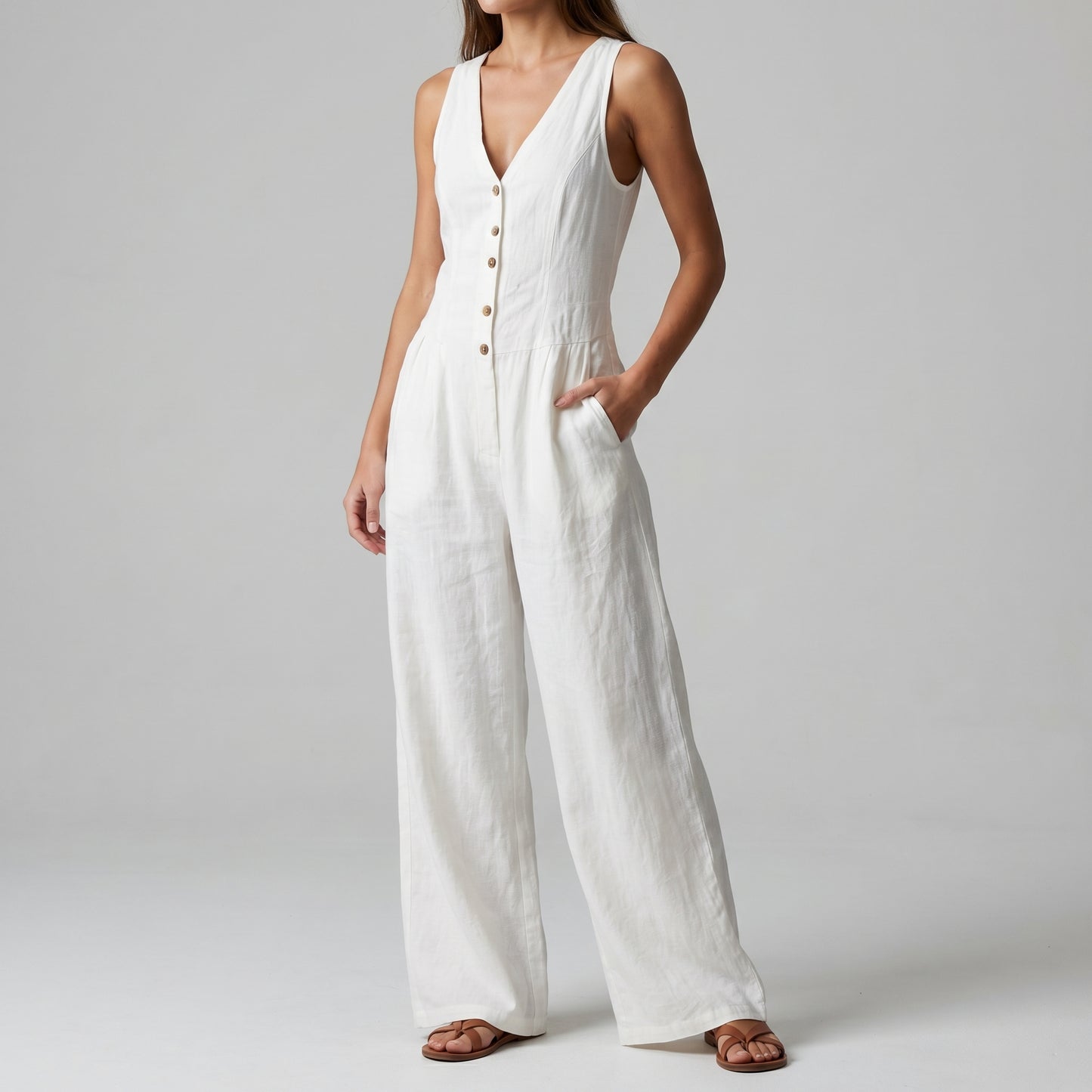Textured Wide-Leg Sleeveless Jumpsuit with Tailored Bodice and Button Front