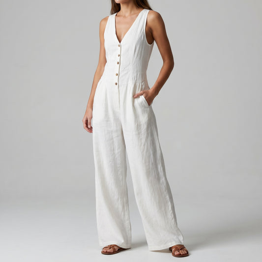 Textured Wide-Leg Sleeveless Jumpsuit with Tailored Bodice and Button Front