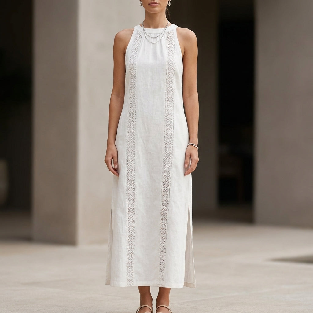 Relaxed Sleeveless Maxi Dress with Vertical Embroidered Panels and Side Slits