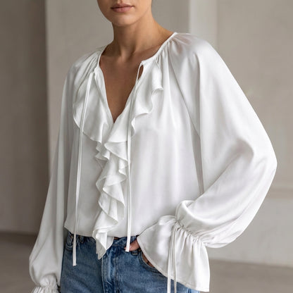 Relaxed Ruffled Horn Sleeve Blouse with Lace-Up V-Neck Detail