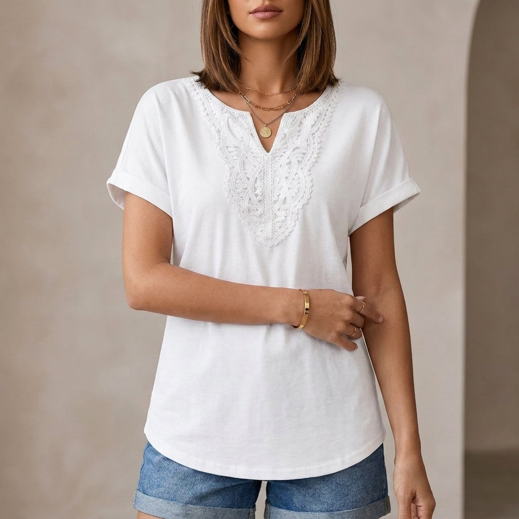 Relaxed V-Neck Lace-Embroidered Short Sleeve Knit Top