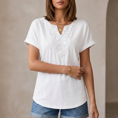 Relaxed V-Neck Lace-Embroidered Short Sleeve Knit Top