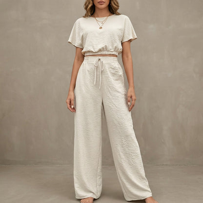 Coastal Breeze Textured Two-Piece Lounge Set with Wide-Leg Pants