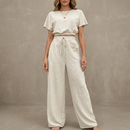 Coastal Breeze Textured Two-Piece Lounge Set with Wide-Leg Pants