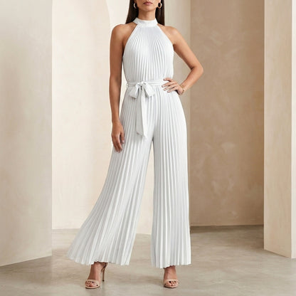 Elegant Pleated Halter Neck Jumpsuit with Flowing Wide Legs