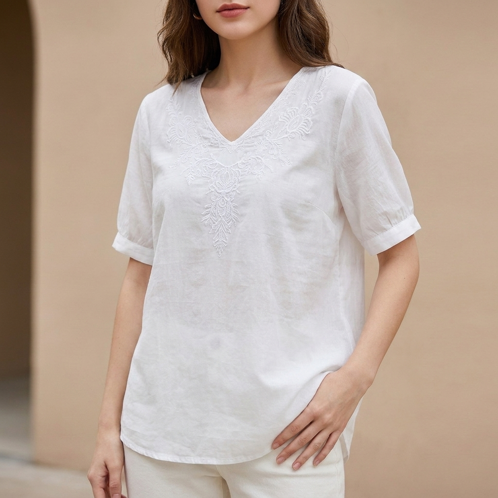 Embroidered V-Neck Blouse with Textured High-Low Hem and Soft Draping