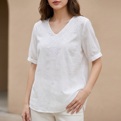 Embroidered V-Neck Blouse with Textured High-Low Hem and Soft Draping