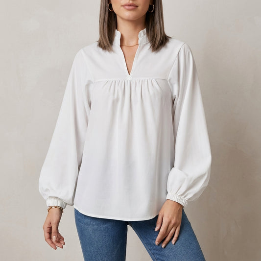 Relaxed Fit Puff Sleeve Blouse with Ruffled Split Neckline