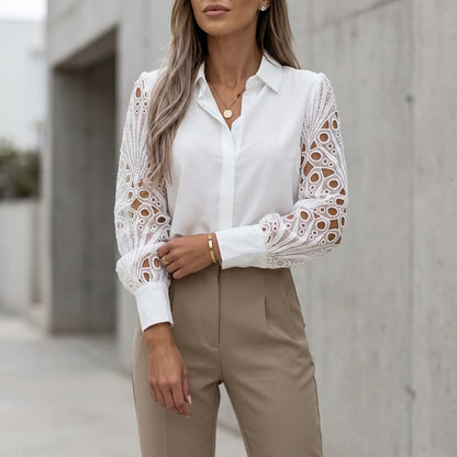 Tailored Lace-Spliced Button-Down Blouse with Textured Sleeves