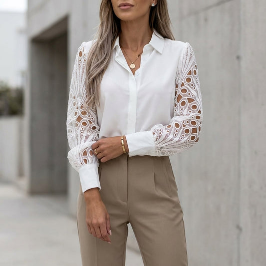 Tailored Lace-Spliced Button-Down Blouse with Textured Sleeves