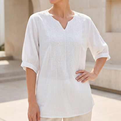 Relaxed Woven Blouse with Notched V-Neckline and Floral Embroidery