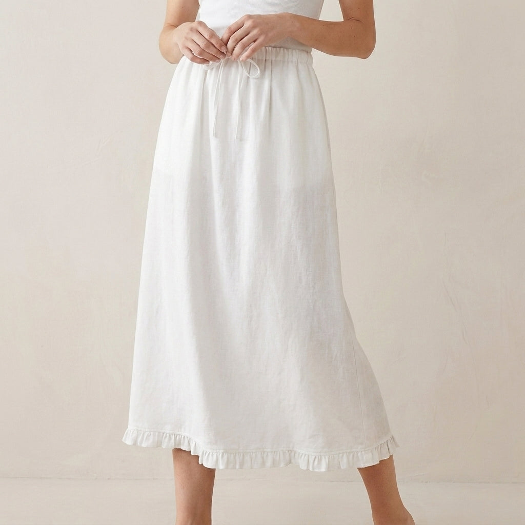 Relaxed Drawstring Maxi Skirt with Soft Ruffle Hem and Flowing Drape