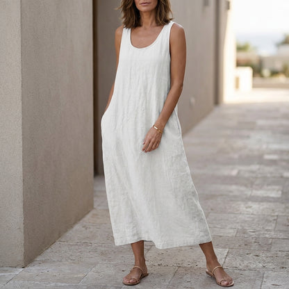 Loose Sleeveless Midi Dress with Round Neck and Side Pockets in Textured Woven Fabric