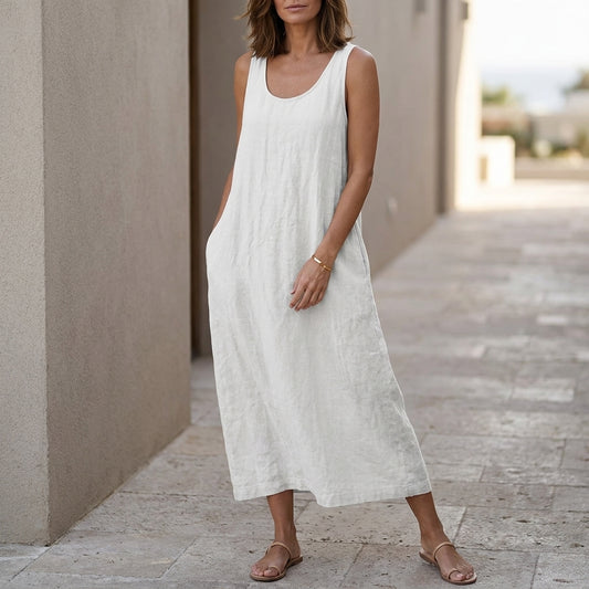 Loose Sleeveless Midi Dress with Round Neck and Side Pockets in Textured Woven Fabric