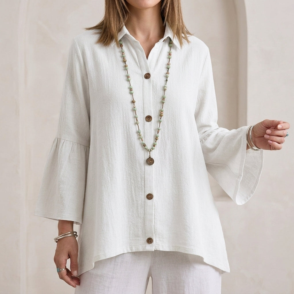 Relaxed Fit Textured Button-Down Blouse with Flared Bell Sleeves