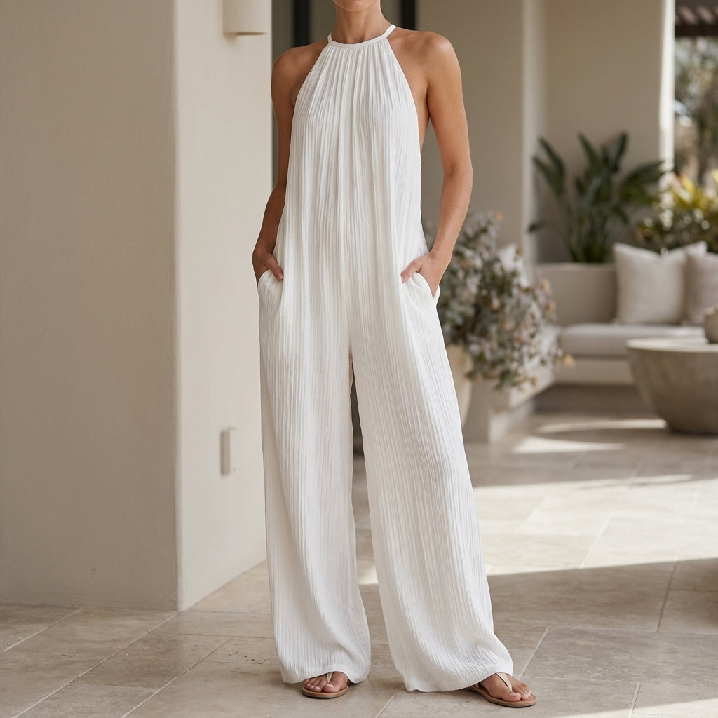 Pleated Halter Jumpsuit with Flowing Wide Leg Silhouette