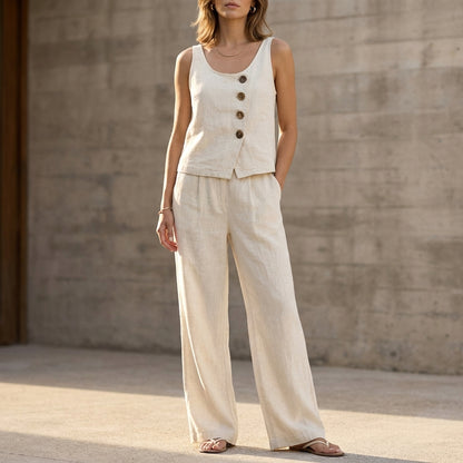 Relaxed Sleeveless Two-Piece Set with Decorative Buttons and Wide-Leg Trousers