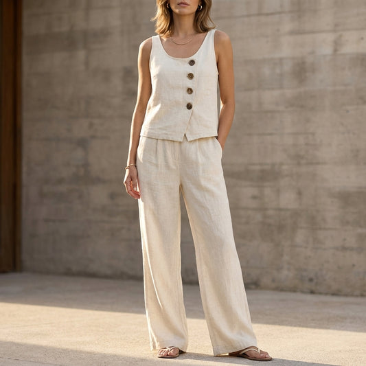 Relaxed Sleeveless Two-Piece Set with Decorative Buttons and Wide-Leg Trousers