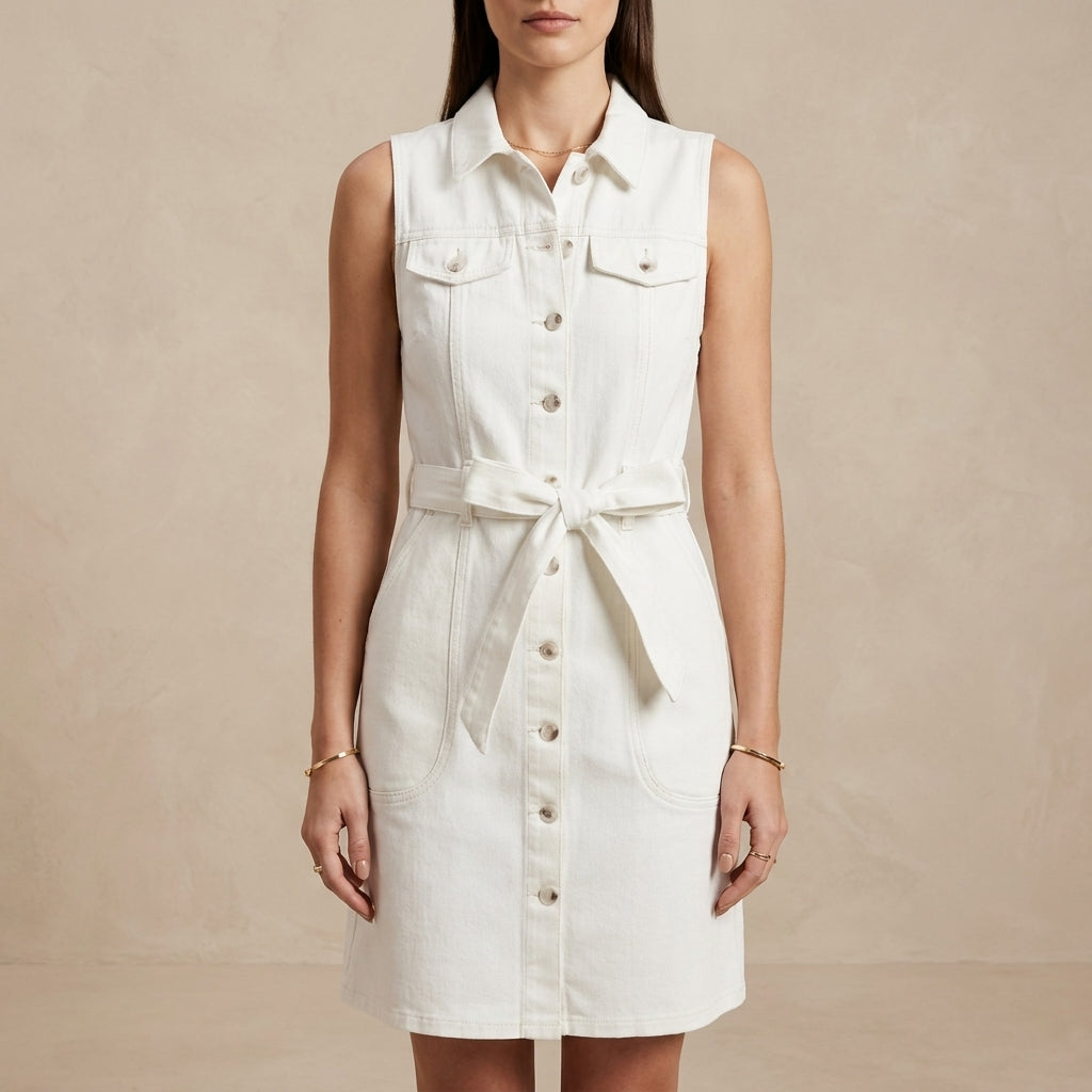 Sleeveless Denim Shirt Dress with Waist-Defining Tie Belt