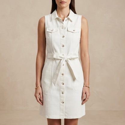 Sleeveless Denim Shirt Dress with Waist-Defining Tie Belt