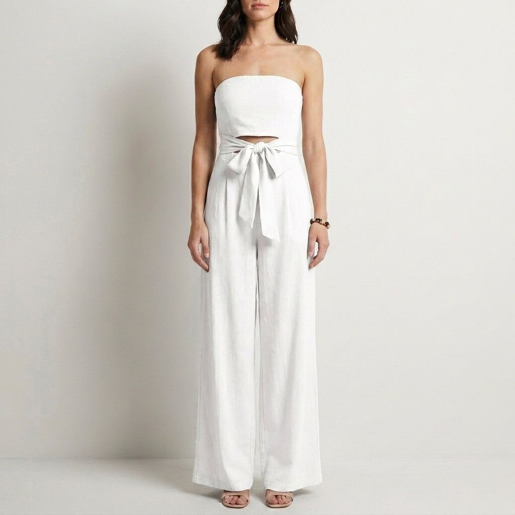 Strapless Wide-Leg Jumpsuit with Waist Tie