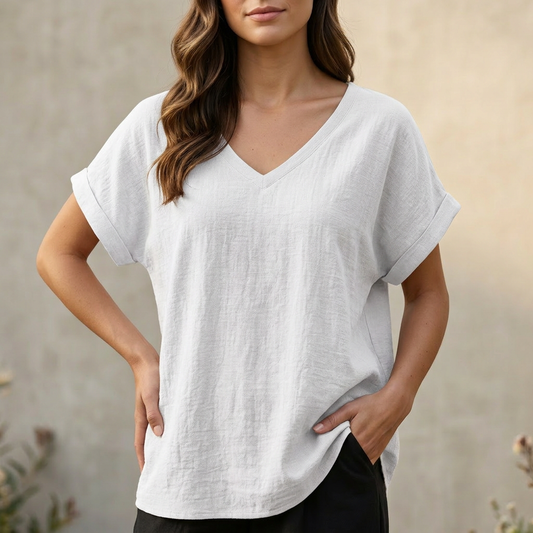V-Neck T-Shirt with Asymmetrical Hem and Relaxed Fit