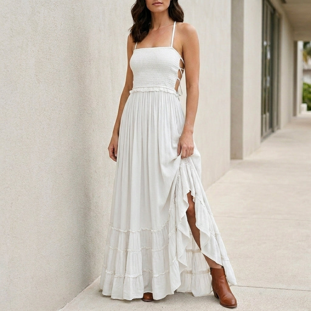 Bohemian Open-Back Smocked Maxi Dress with Ruffle Hem