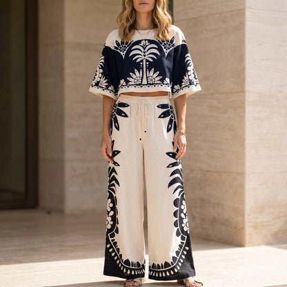 Printed Crop Top and Wide-Leg Pants Matching Set